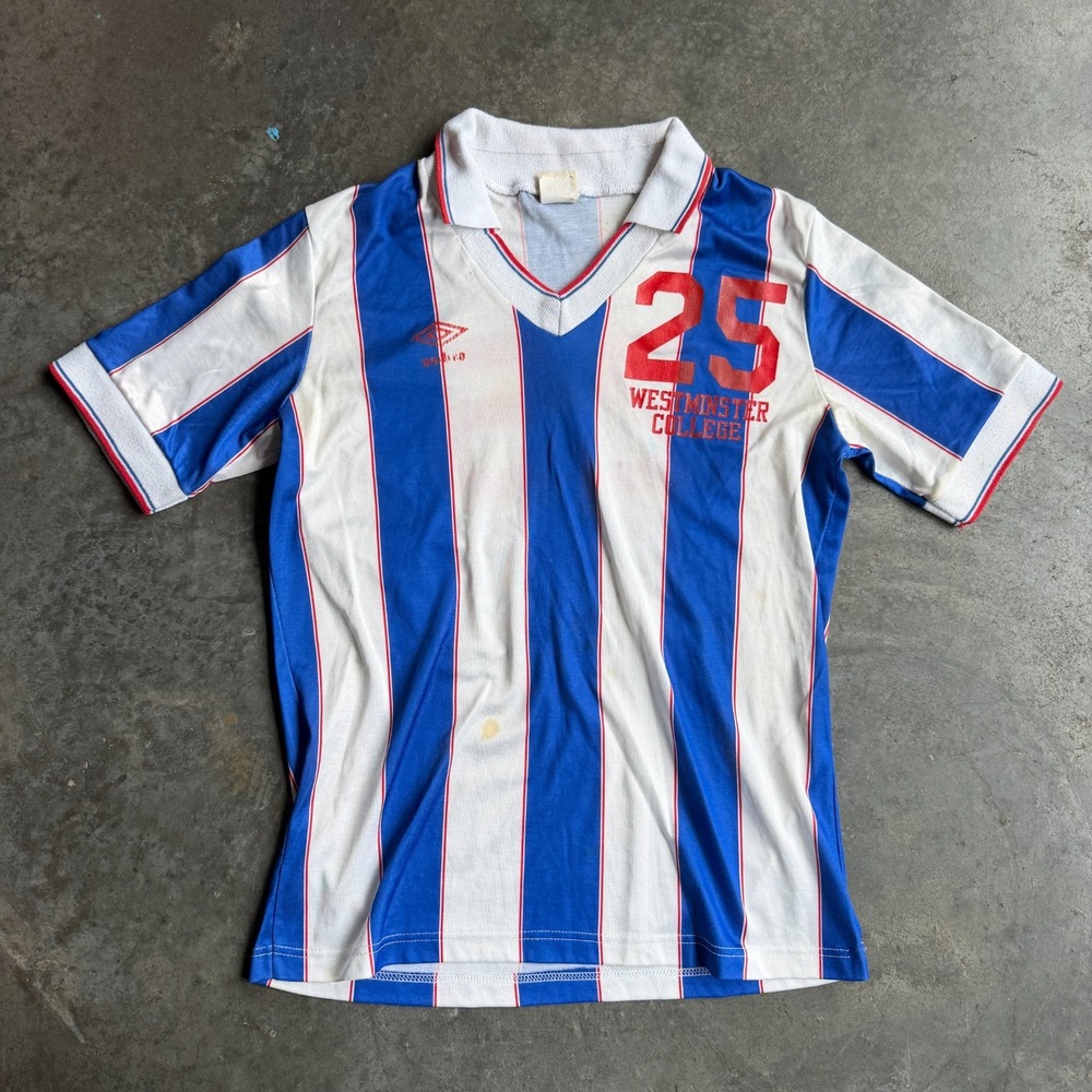 Vintage 80s Umbro Westminster College Striped Soccer Jersey Kit Collar Mens M
